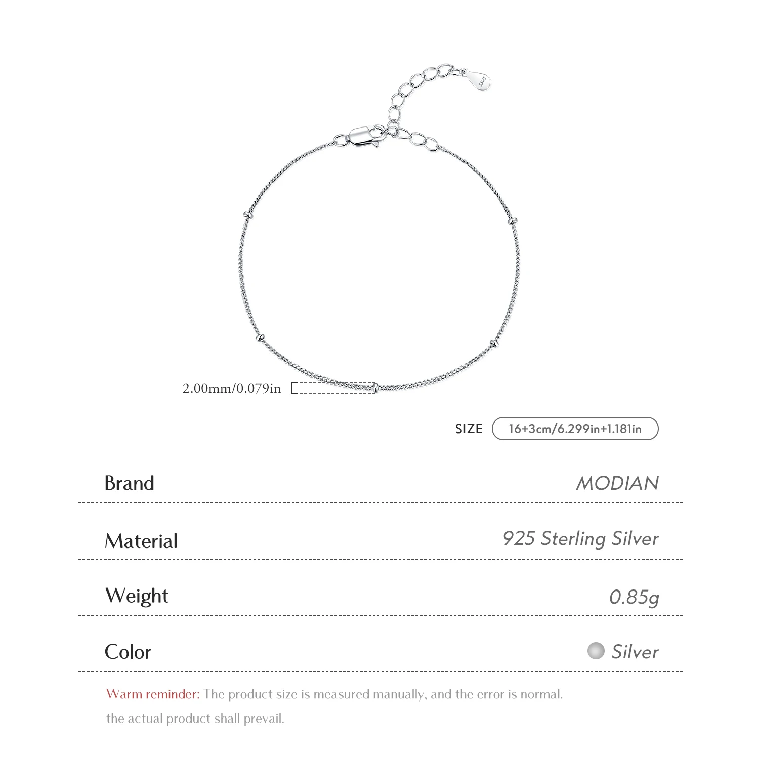 MODIAN 925 Sterling Silver Minimalist Chain Bracelet Women Dainty Thin Bead Hand Stackable Bracelet For Women Daily Jewelry view 4