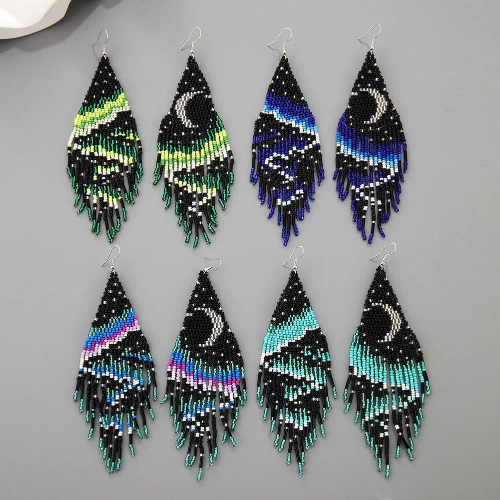 Beaded earrings Tassel Astral Northern Lights Design Versatile Bohemia Hand knitting  Alloy Female Simple Rice bead earrings