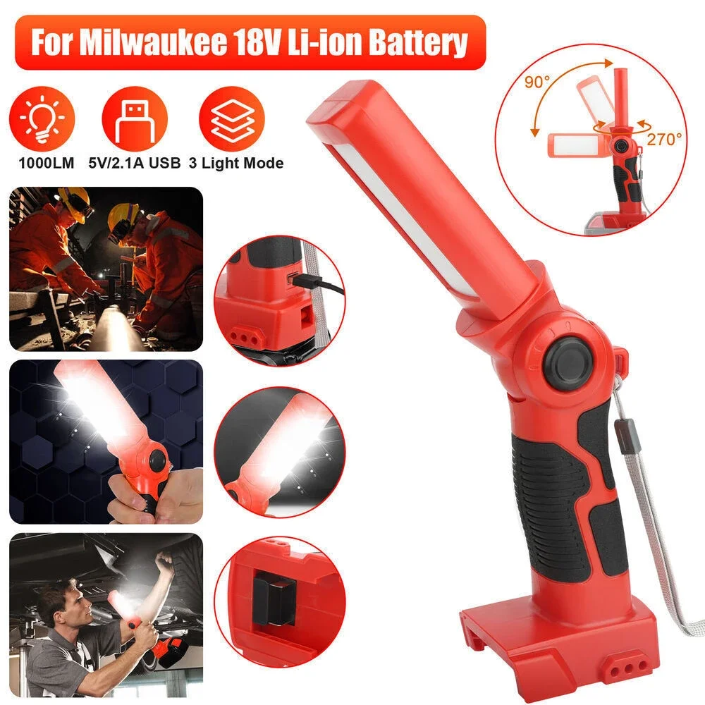 12W 1000LM LED Flashlight Work Light Powered For Milwaukee 18V Li-ion Battery Jobsite Handheld Spotlight Desk Lamp with USB Port