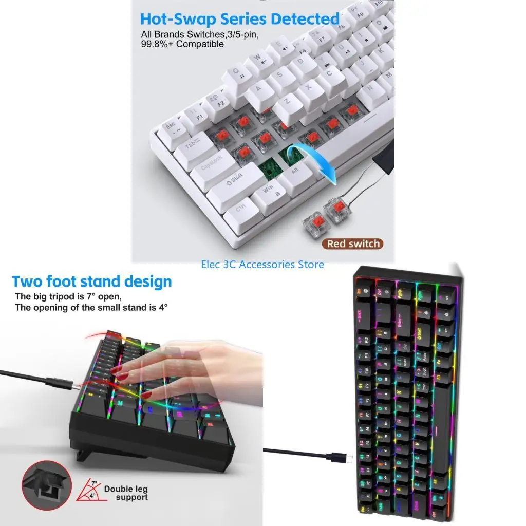 Y51A Mechanical Gaming Keyboard With Removable Keycaps 68 Design 1.75m Detachable Cable Color Backlights Mode