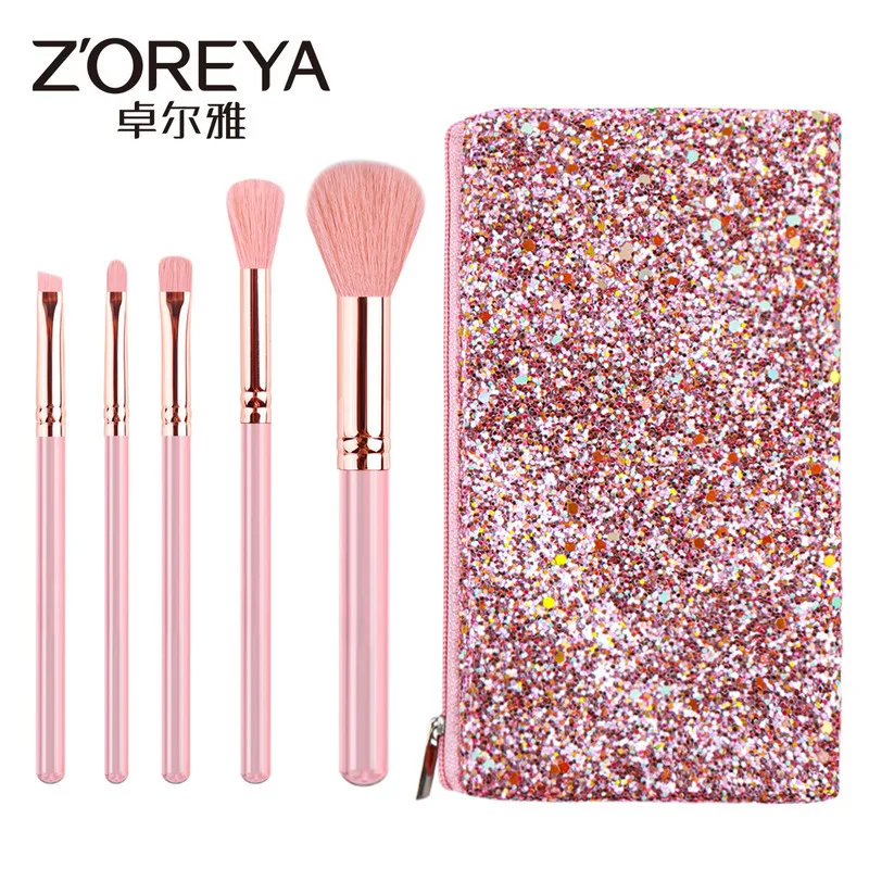 Zoreya Mini nuovo set di pennelli per trucco ombretto da 5 pezzi con manico trasparente rosa portatile