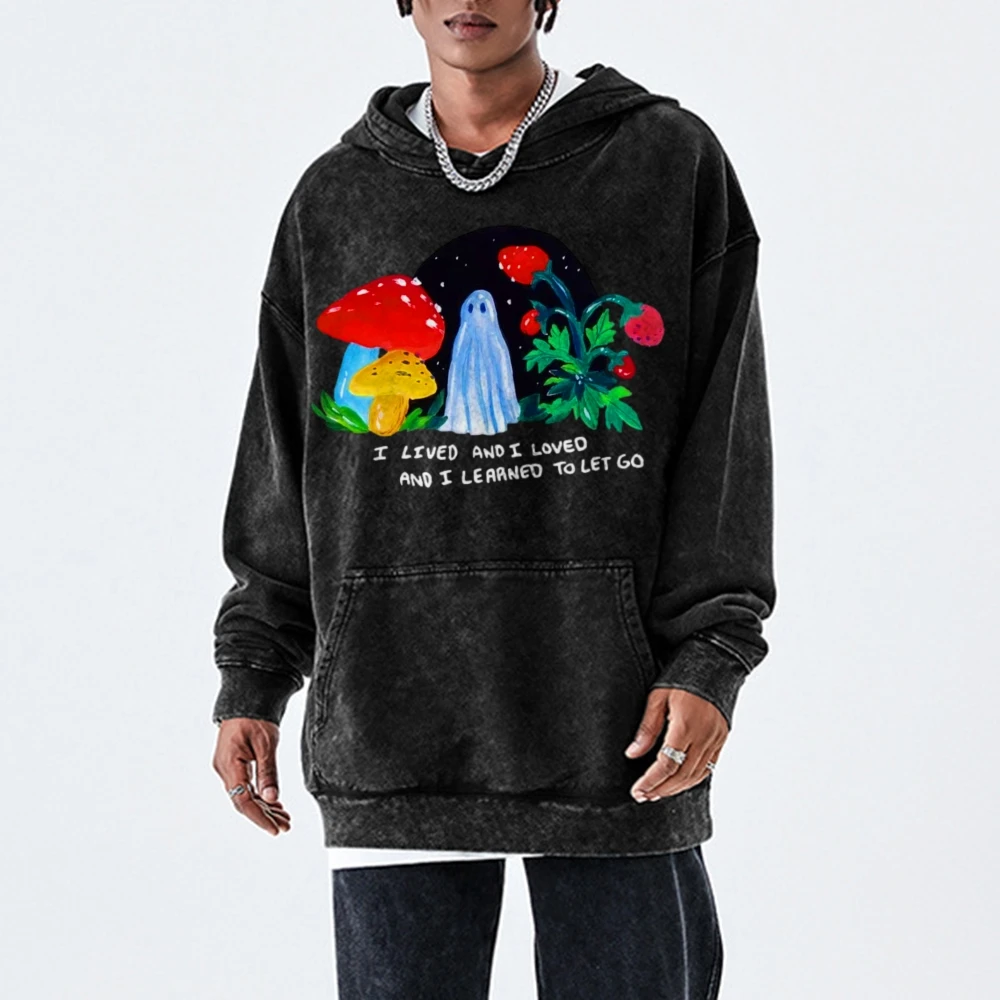 Sudadera con capucha Vintage lavada, suéter con estampado de setas, fresas y fantasmas, hombros descubiertos, sudadera de alta calidad