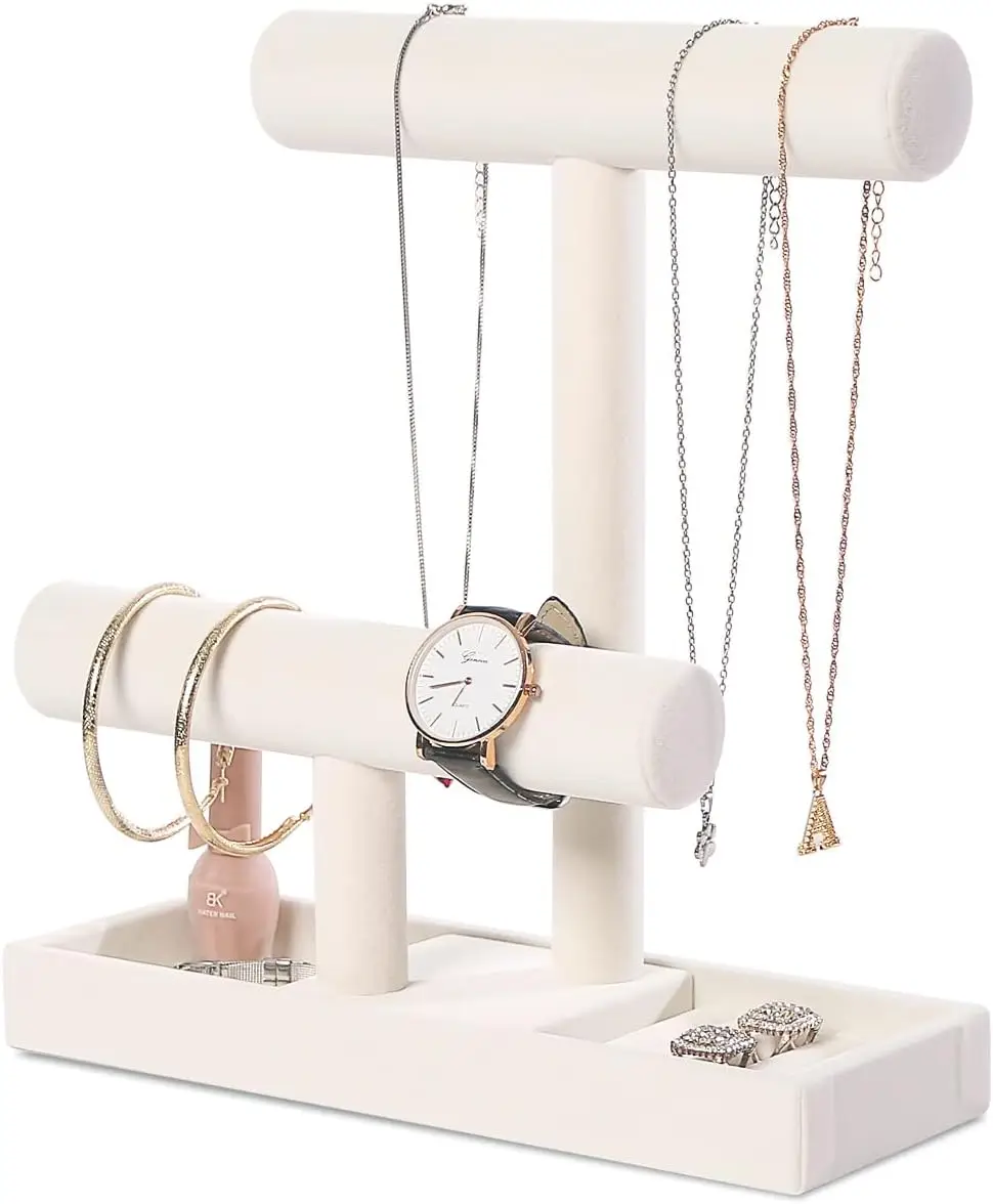 Multi-Functional 2 Tier Jewelry Holder,Necklace Bracelet Holder with Earrings Rings Tray,Jewelry Organizer Stand for Scrunchie