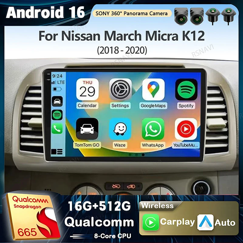 Radio para Auto con Android 16 y Carplay para Nissan March Micra K12 2002 2003 - 2010 Reproductor Multimedia de Video Navegación GPS Estéreo 2Din DVD