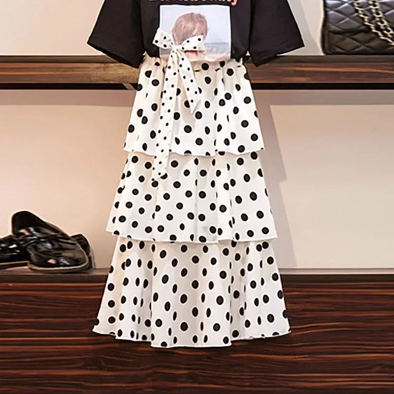 

Elegant polka dot print long skirts womens A-line ruffled female skirt 2024 Spring summer holiday beach skirts ladies