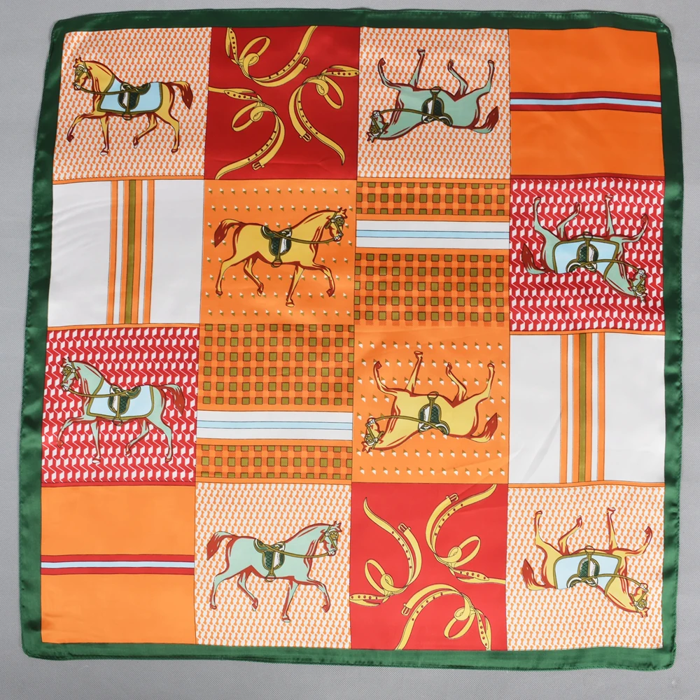 BYSIFA Brand Plaid Horse Square Scarves Foulard Women Fashion Orange Green Silk Scarf Cape Fall Winter Head Scarf Accessories