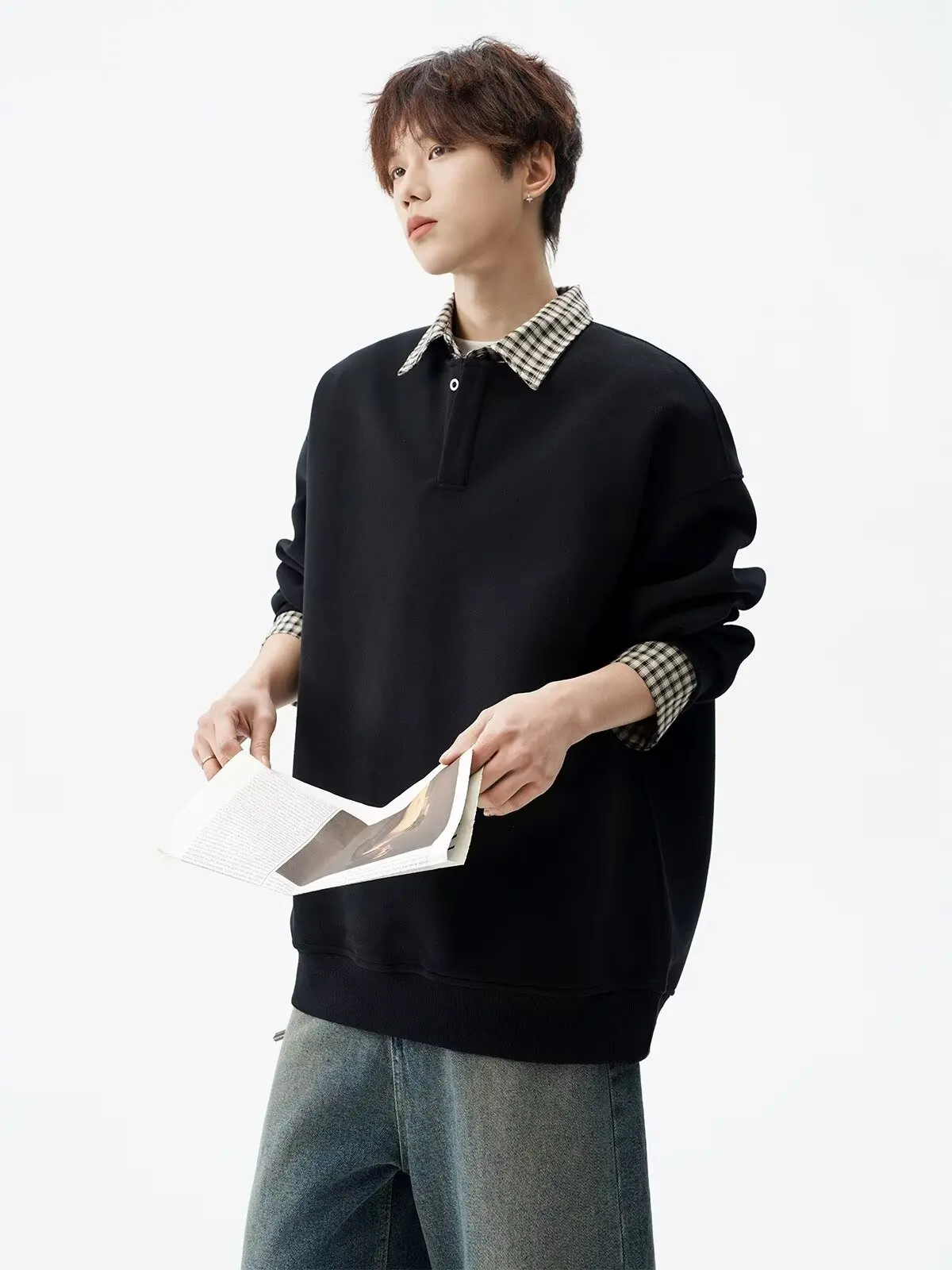 American Retro Plaid  Neck Sweatshirt Men's Spring Autumn Loose College Style Couple Fake Two-Piece Long Sleeve T-Shirt