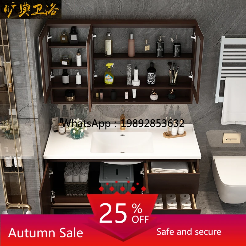 

bathroom cabinet oak smart mirror cabinet integrated ceramic basin solid wood American bathroom floor-to-ceiling cabinet
