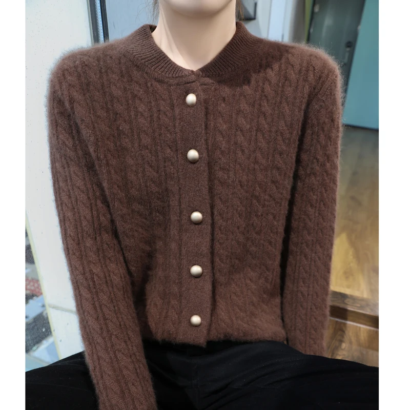 2024 autumn and winter new women\'s 100% merino wool cardigan O-neck thick solid color casual fashion cashmere sweater top.