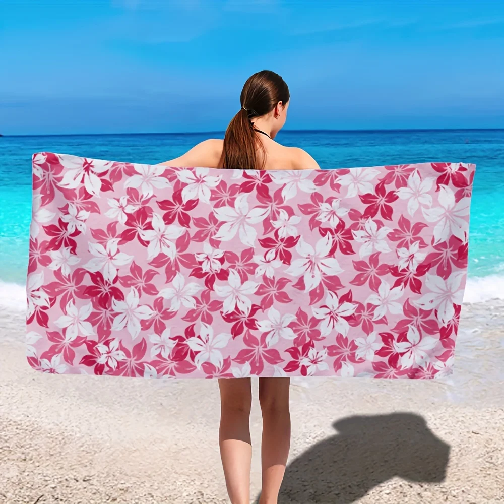 Pink Floral Beach Towel - Hibiscus Flower Print Microfiber Towel, Soft Quick Dry Sand-Free for Travel Pool Summer Vibes