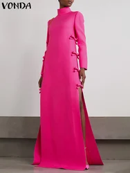 Plus Size VONDA Chinese Style Women Long Maxi Robes Dress 2024 Elegant Bownot Stand Collar Party Slit Sundress Vintage Vestidos