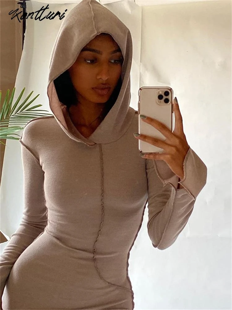 Kontturi Fall Casual Outfits Dresses For Women 2024 Hooded Long Sleeve Dress Streetwear Gray Solid Bodycon Maxi Dress Female