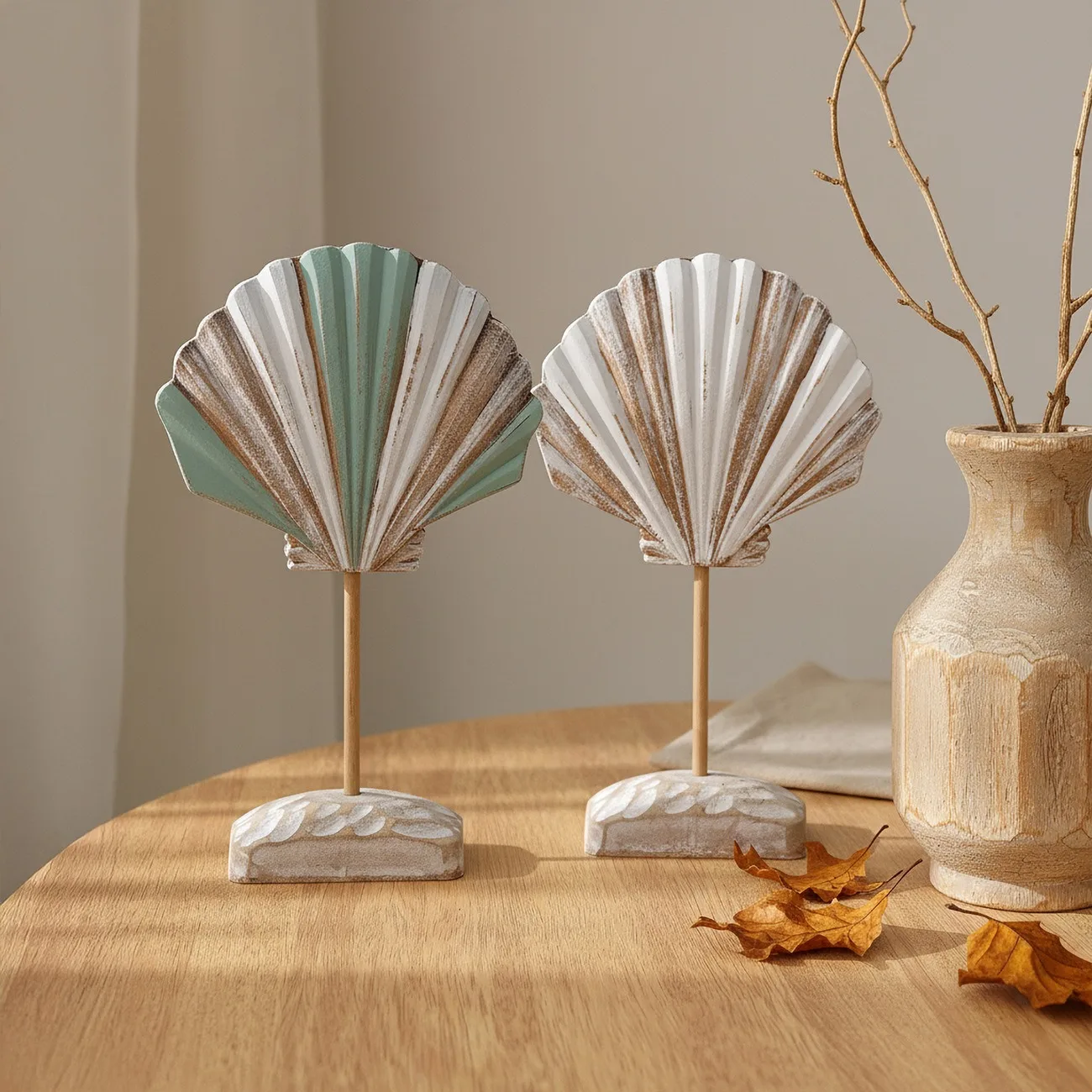 Mediterranean Wooden Seashell Statue Vintage Scallop Shell Figurine on Stand Coastal Tabletop Home Decor