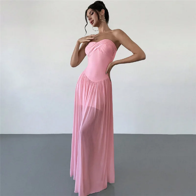 

2025 summer new women's clothing sexy slim mesh spliced ​​double-layer strapless one-neck dress for women