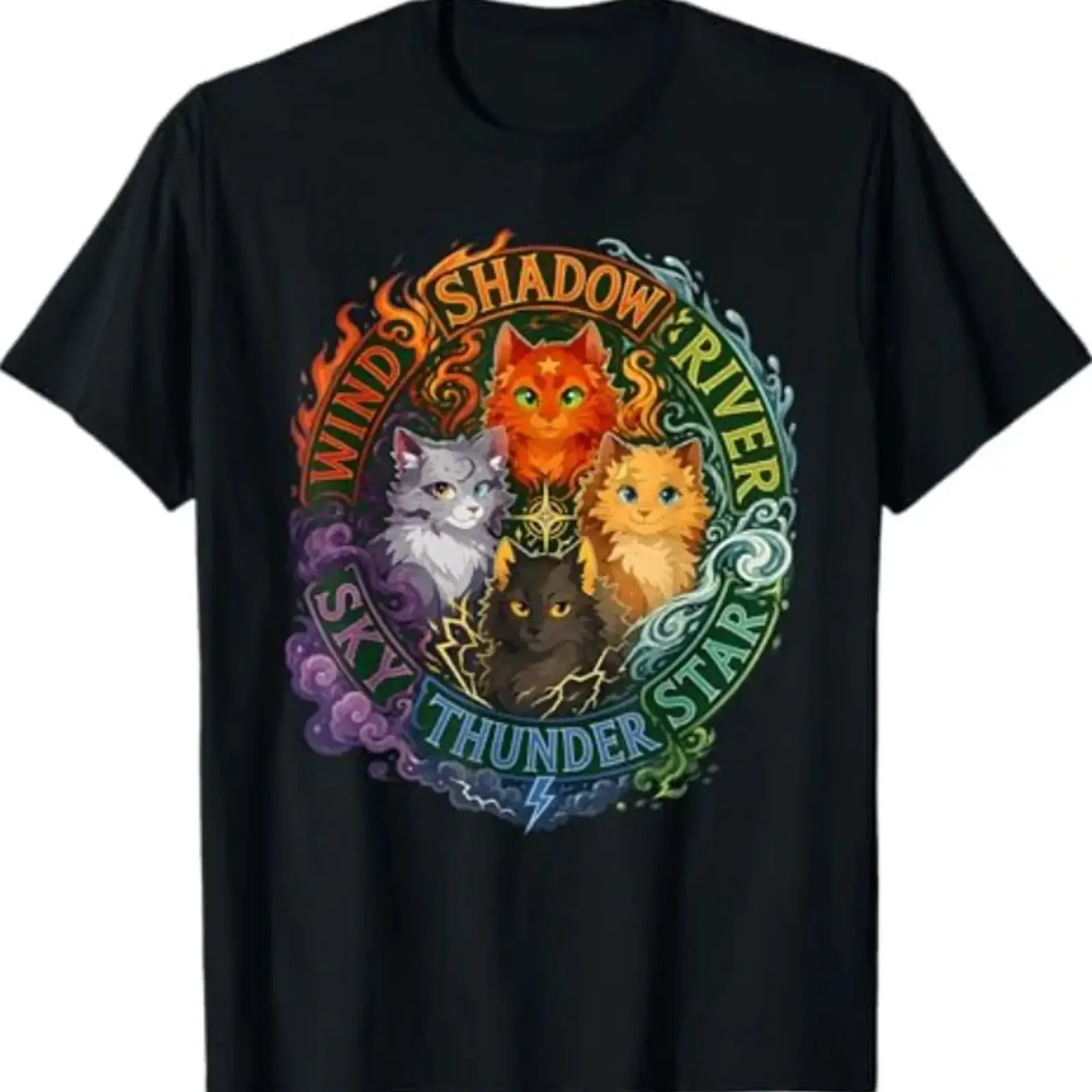 Camiseta Wind Shadow River Star Thunder Sky Cat Feline Fire, estilo vintage, cómoda, transpirable, suave, elegante, unisex