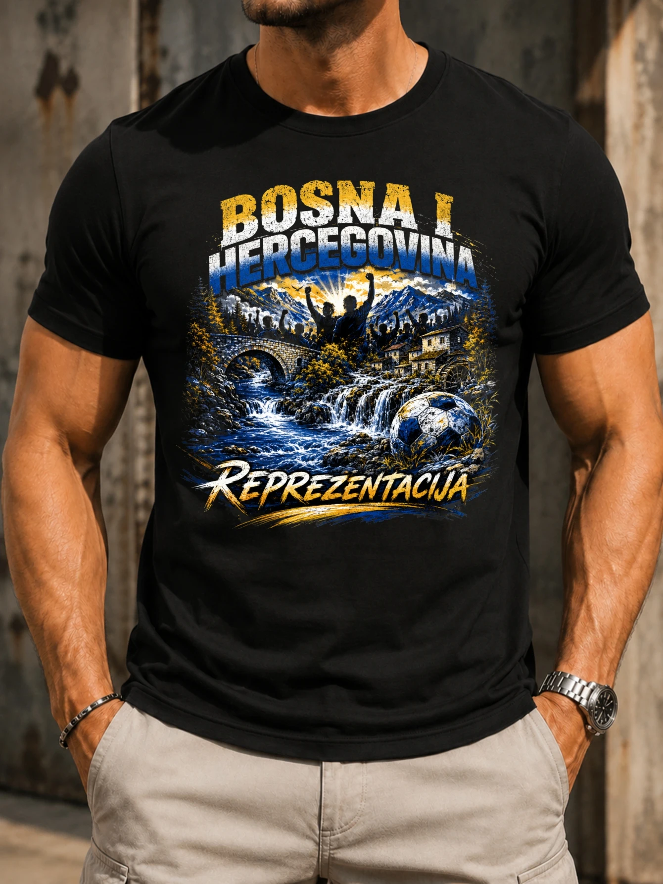 Bosna I Hercegovina waterfall valley old bridge fans and blue yellow soccer ball painterly national  Unisex All T-Shirt