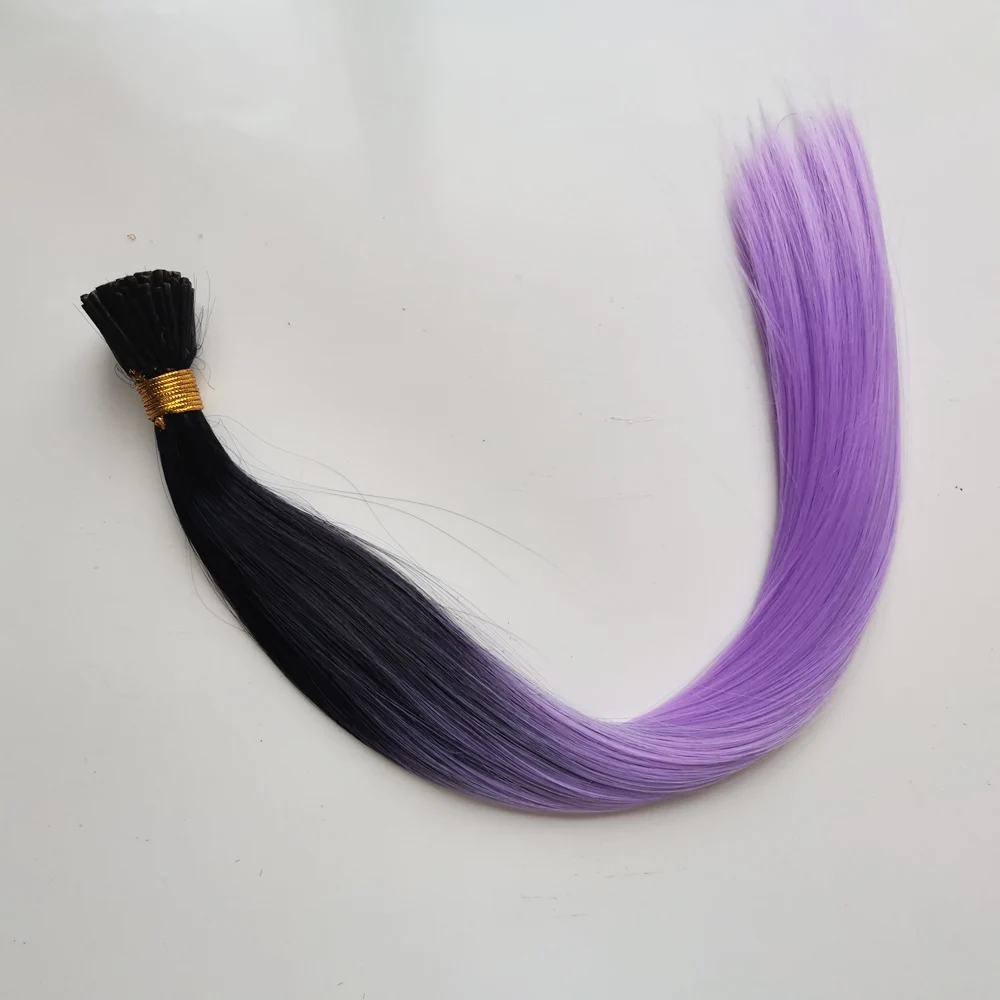 50 Strands/pack I-Tip Long Straight Hairpieces Synthetic Highlight Feather Hair Accessories Ombre Color Black to Light Purple