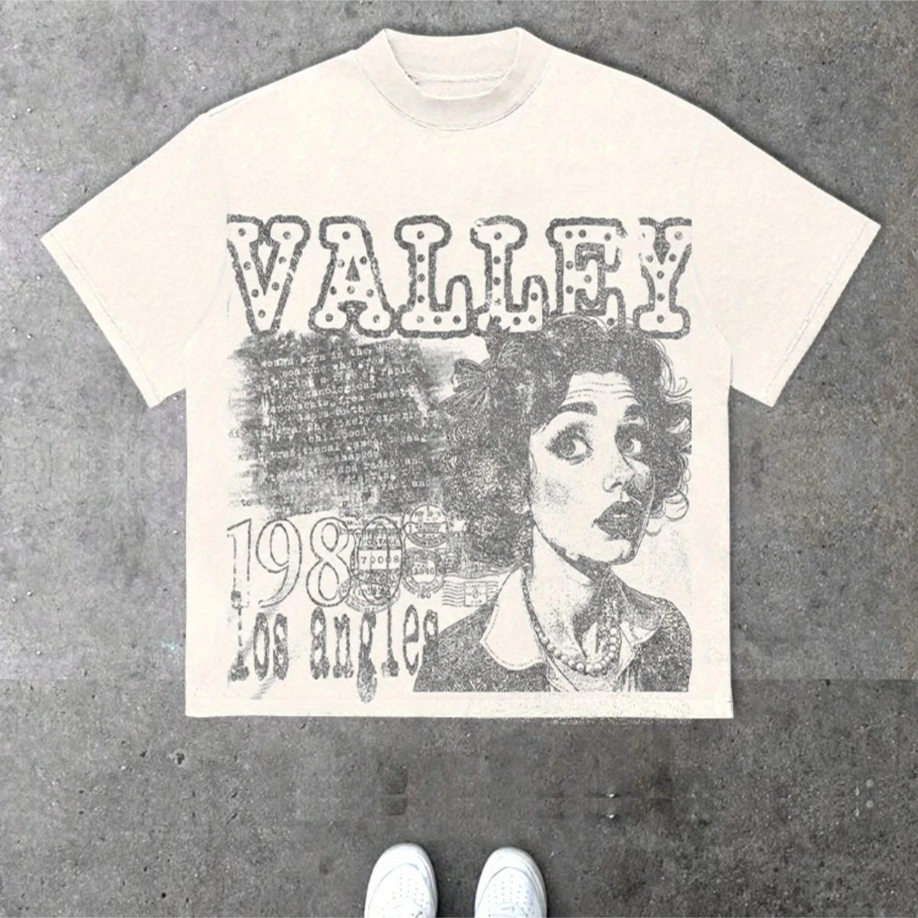 Men's 1980s LA-Style Female Portrait Vintage T-Shirt – Y2K-Inspired Hip-Hop Streetwear Tee with Black & White Graphic