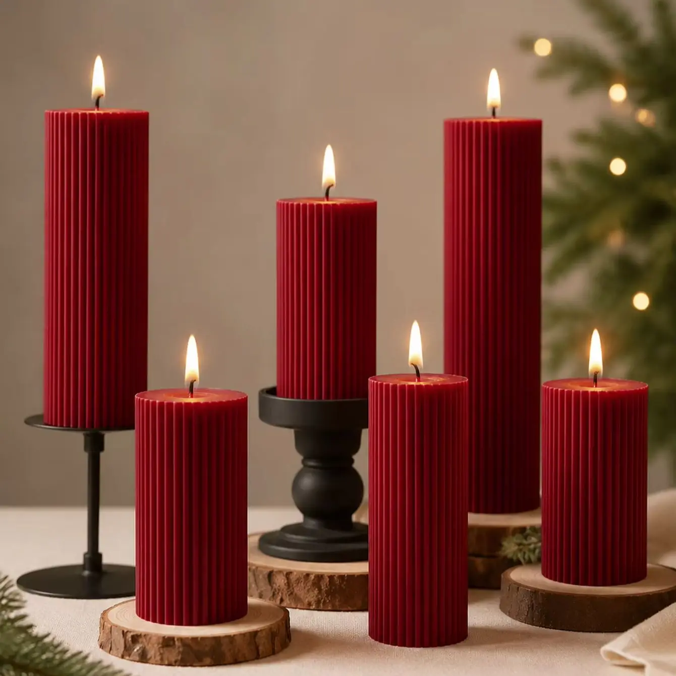 5-Piece Burgundy Roman Pillar Candle Set, Made with Soy Wax, Smoke-Free Aromatic Candles, Vertical Striped Cylindrical Design, l