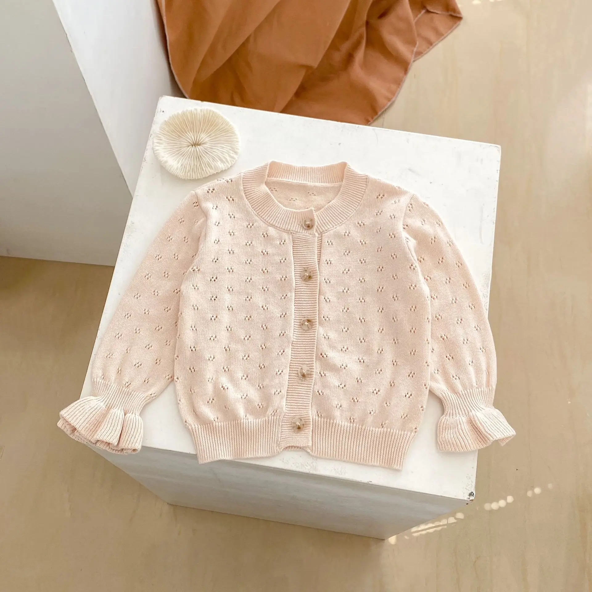 Summer Baby Girl New Sweet Solid Color Sunscreen Cardigan Horn Cuff Hollow Knitted Air Conditioning Shirt Versatile Small Coat