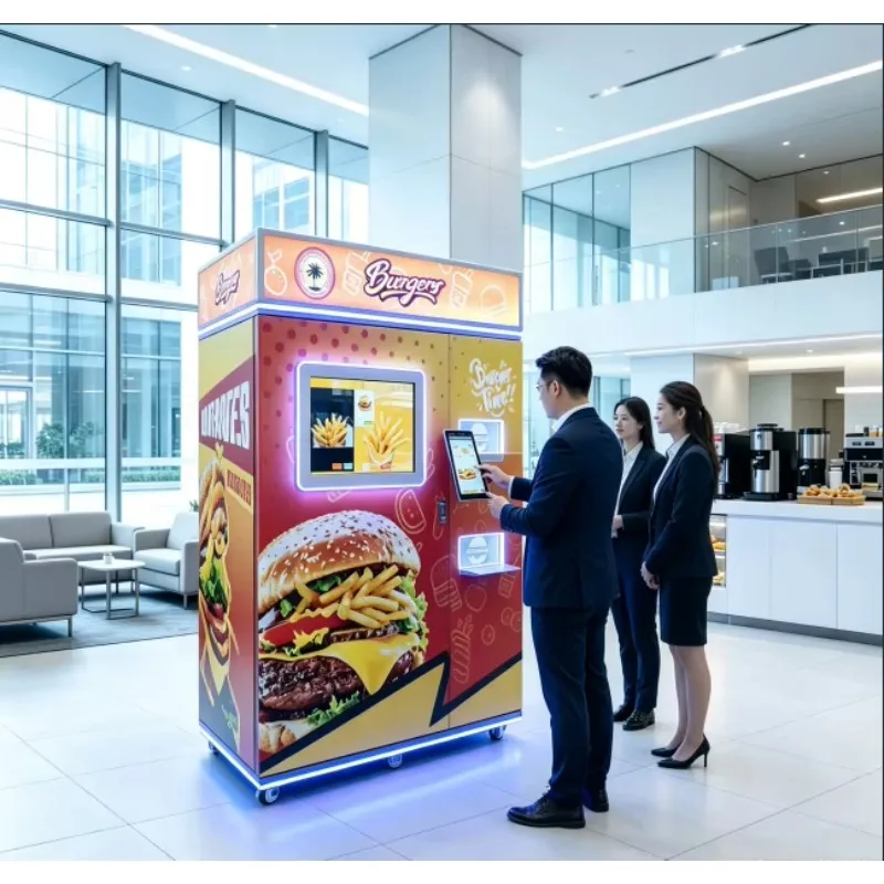 Office building with burger and beverage combination vending machine