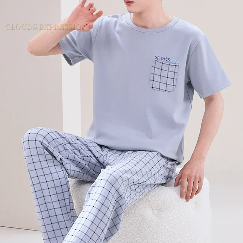 Summer Elegant Men Pyjamas Knited Plaid Pajamas Set Long Pants Sleepwear Pyjamas Night Suits Pijamas Plus Size 5XL Homewear PJ