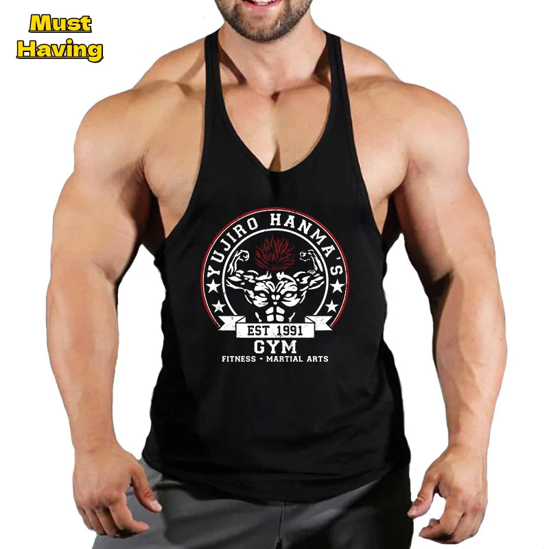 Anime Baki Print Stringer Tank Top for Men Athletic Y-Back Vest Tops Muscle Training Undershirt Gym Workout Fitness Bodybuilding