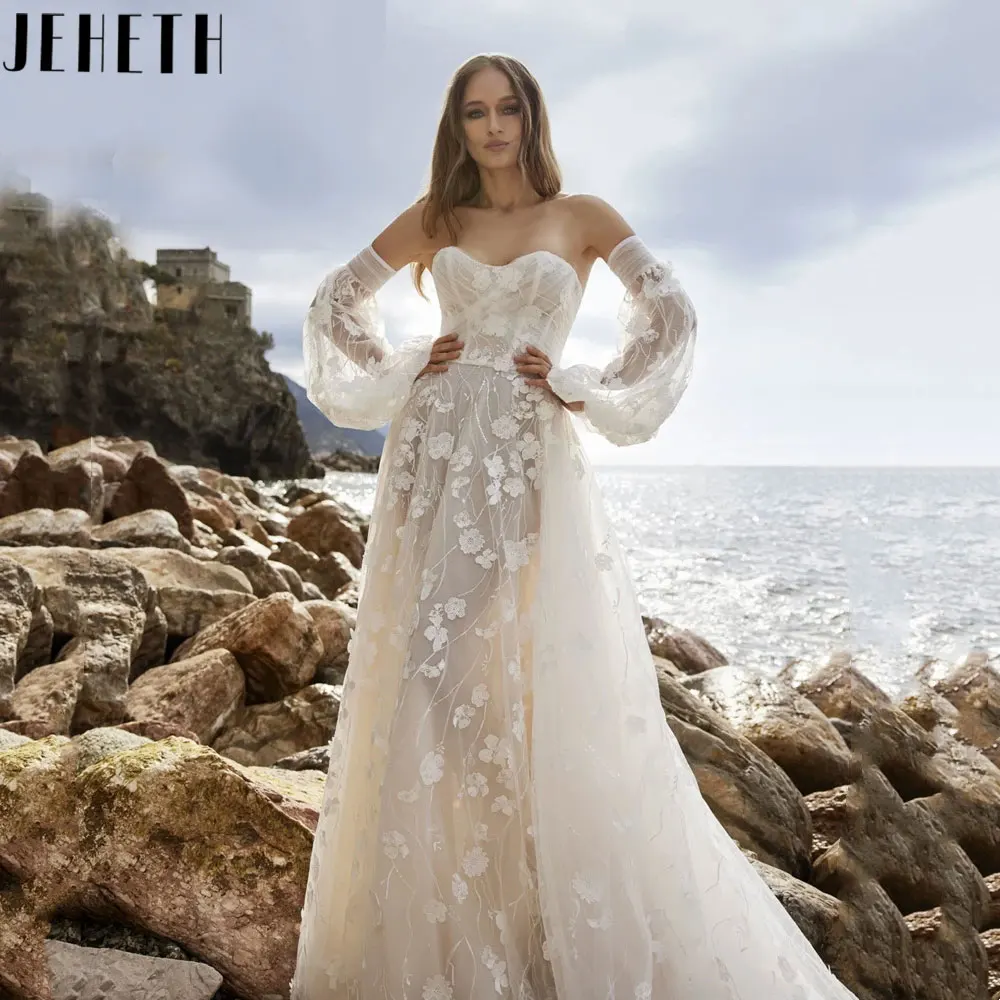 JEHETH Beach Detachable Puff Sleeves A-Line Bridal Dresses Charming Backless Strapless Wedding Gown Applique Lace Robe De Mariée