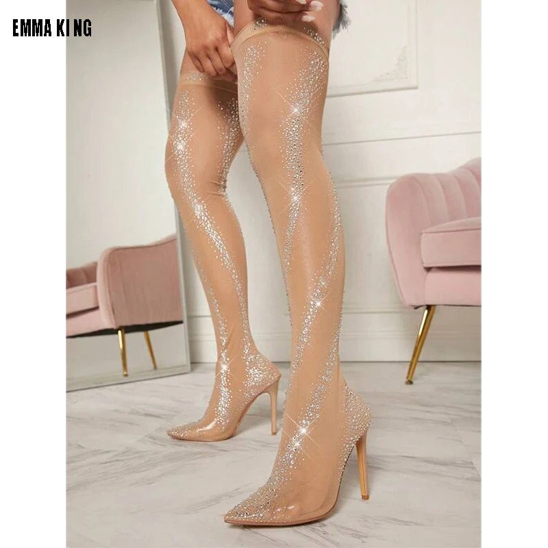 2023 Fashion Women Over The Knee High Thigh Sock Boots High Heels Crystal Diamond Stripper Long Thigh Pleaser Boots Shoes 44