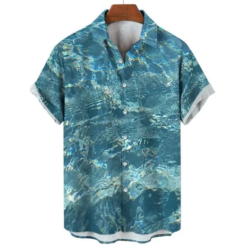 

2026 Summer Men's Shirt with Wave Pattern Print, Simple and Fashionable Round Neck Short Sleeved Casual Daily Casual Outdoor