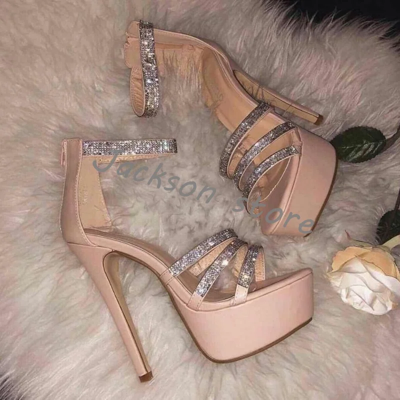 

Fashion Super High Heel Ankle Strap Crystal Sandals Platform Stiletto Women's Modern Sandals Back Zipper Sexy Wedding Shoes