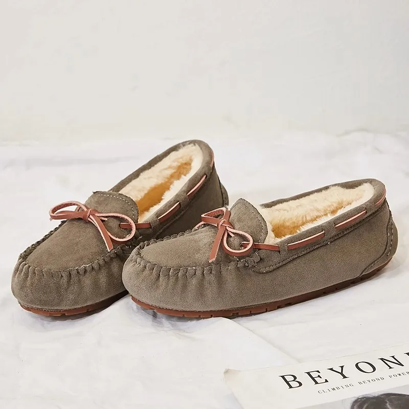 

2025 Flats Female Casual Footwear Shoes Women Thick Wool Keeps Warm Shoes Moccasins Winter Loafers Soft Genuine Pig Boots