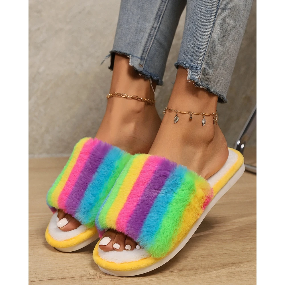 

Fashion Women Fluffy Rainbow Colorblock Flat Slippers Femme Indoor Slippers Fuzzy Lined Slipper Casual Winter Warm Shoes