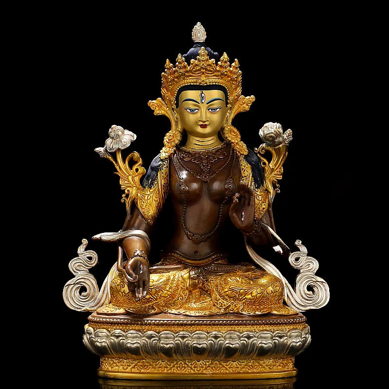 

21.5cm Pure Copper White Tara Gilt Silver Buddhist Carving Tranic Temple Decorate Bodhisattva Figurine