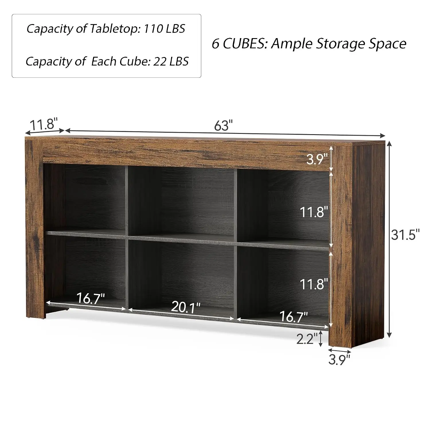 63-Inch Rustic Wood Console Table with 6 Storage Cubes Industrial Narrow Sofa Table for Living Room Hallway, Customized