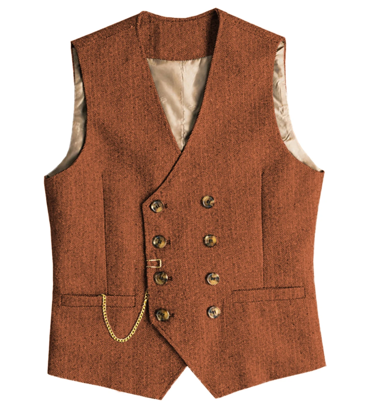 V Neck Men\'s  Suit Vests Herringbone Wool Tweed Double Breasted Waistcoat Tuxedo Groomsmen For  Wedding