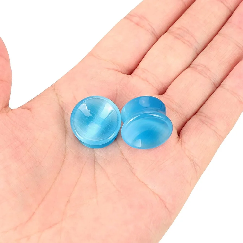 2PCS Blau Katzenauge Stein Ohrstöpsel Tunnel Sattel Runde Hohl Solide ConcaveExpander Körper Piercing Messgeräte 2g-5/8'' – Detail 6