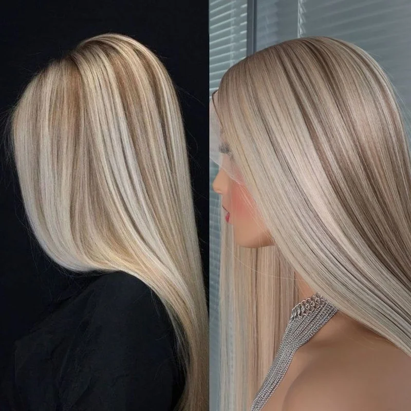 Long Straight Lace Front Wig Brown Blonde highlight Lace Front Wigs Glueless