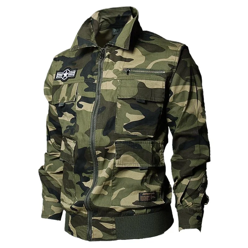 Mens Camouflage Training Suit Cotton Elasticity Multi Pocket Tactical Tooling Jacket 2-Pcs Special Forces Outdoor Combat Set