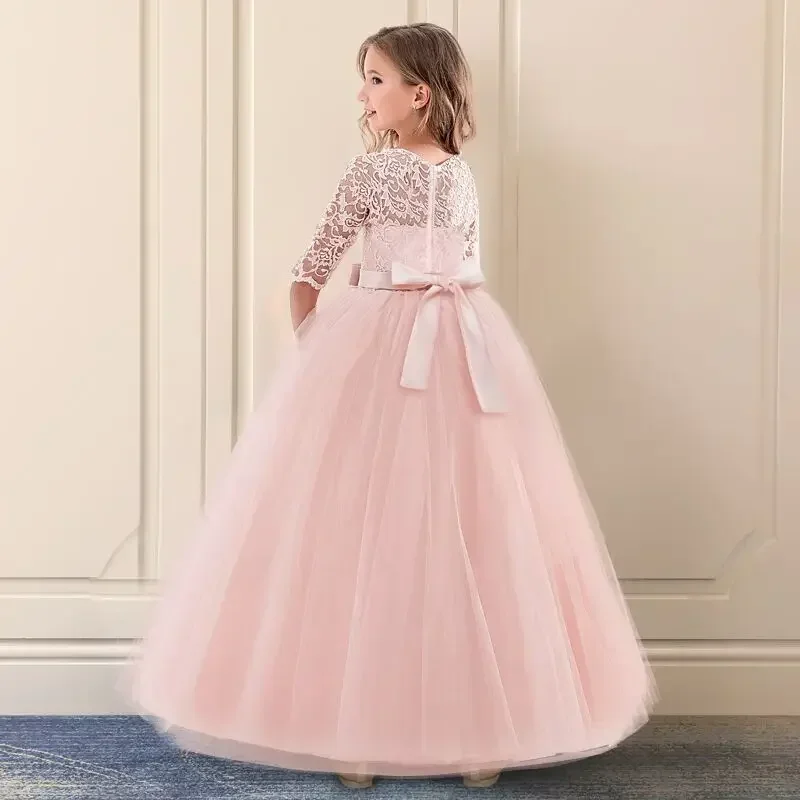 Teenage Princess Formal Gala Long Gown Christmas Dress Bridesmaid Dress Kids Birthday Party Clothes Lace Flower Dress for Girls