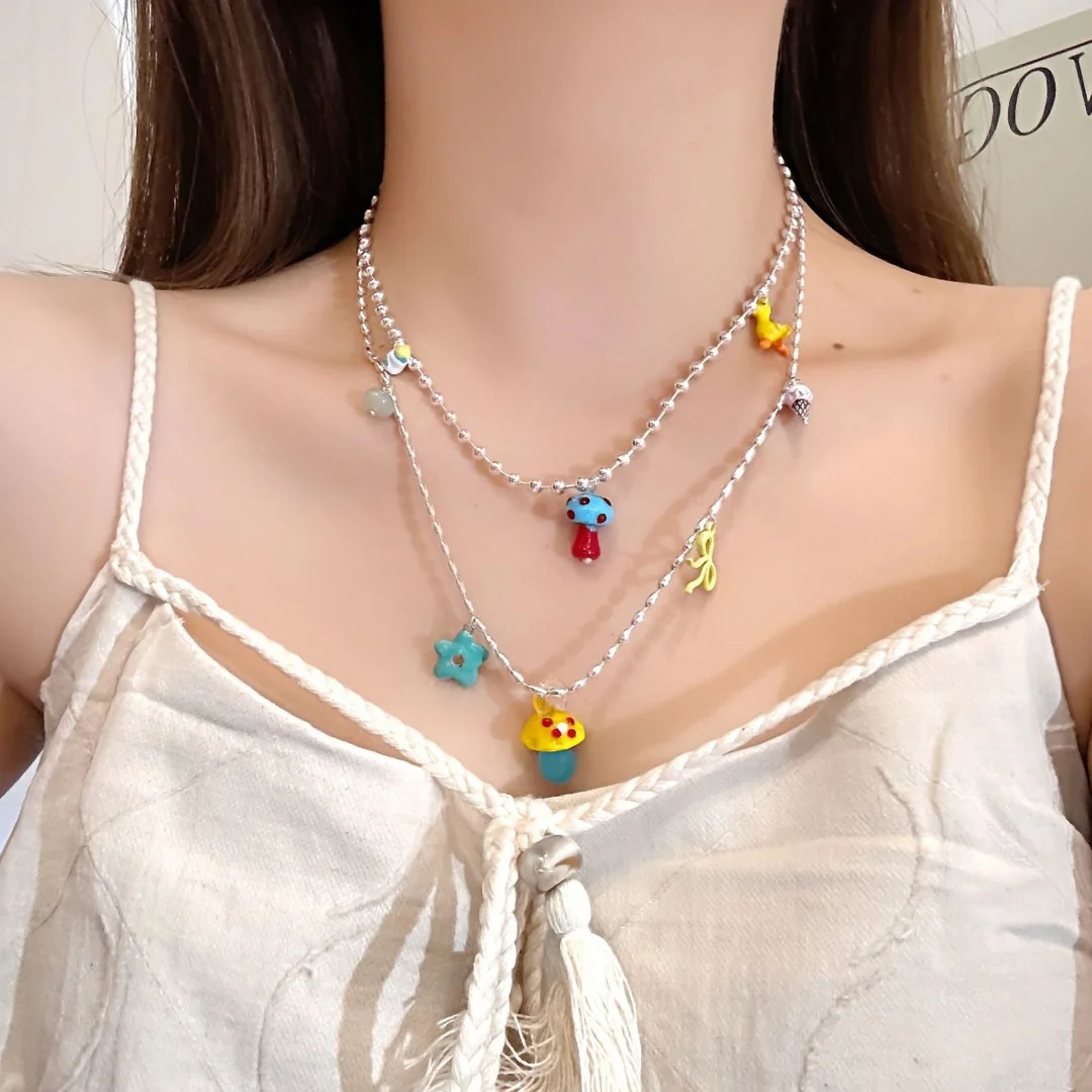 

DUTRIEUX Colorful Sweet Lovely Mushroom Pendant Necklace Korean Style Double Layer Handmade Y2K Style Choker for Women Jewelry