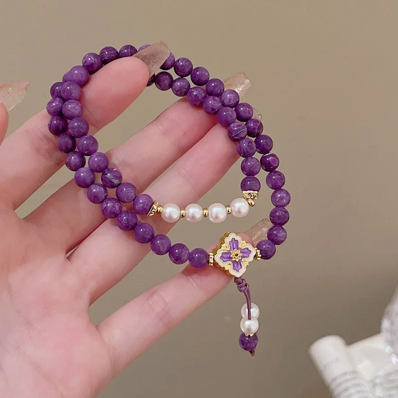 

Двойной круг, фиолетовый дракон, хрустальный жемчуг для женщин, нишевый браслет с кисточками из четырехлистного клевера, новый браслет в китайском стиле