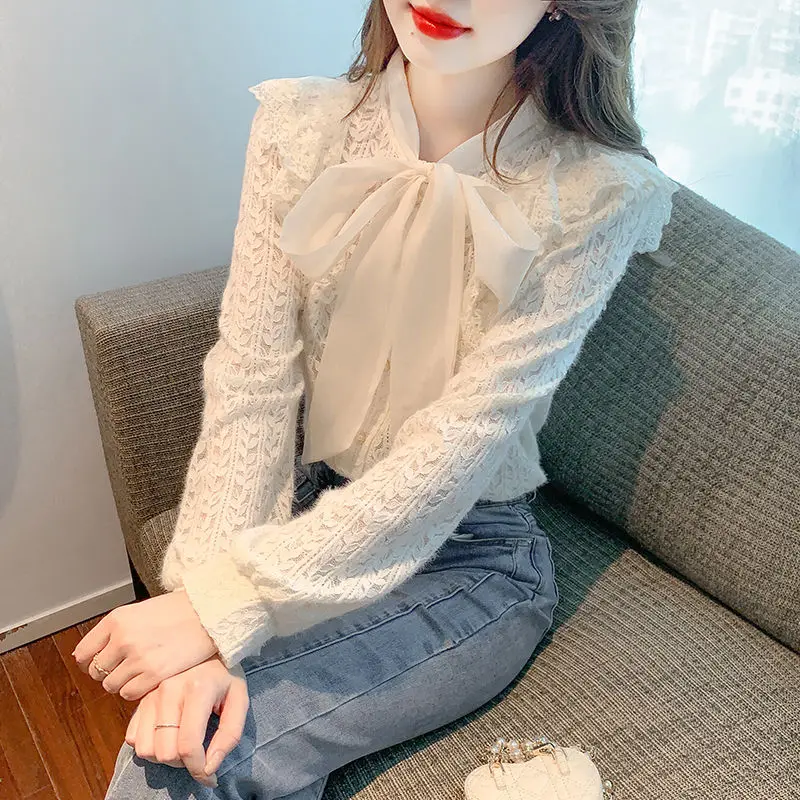 Autumn Winter New Female Scarf Collar Lace Shirt Solid Color Women\'s Clothing Fashion Casual Long Sleeve Ruffles Spliced Blouse