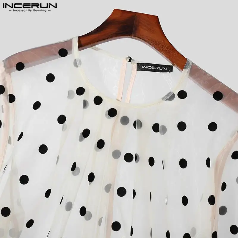 INCERUN Men Shirt Polka Dot Printing O-neck Puff Long Sleeve Mesh Transparent Men Clothing Streetwear 2024 Fashion Unisex Shirts