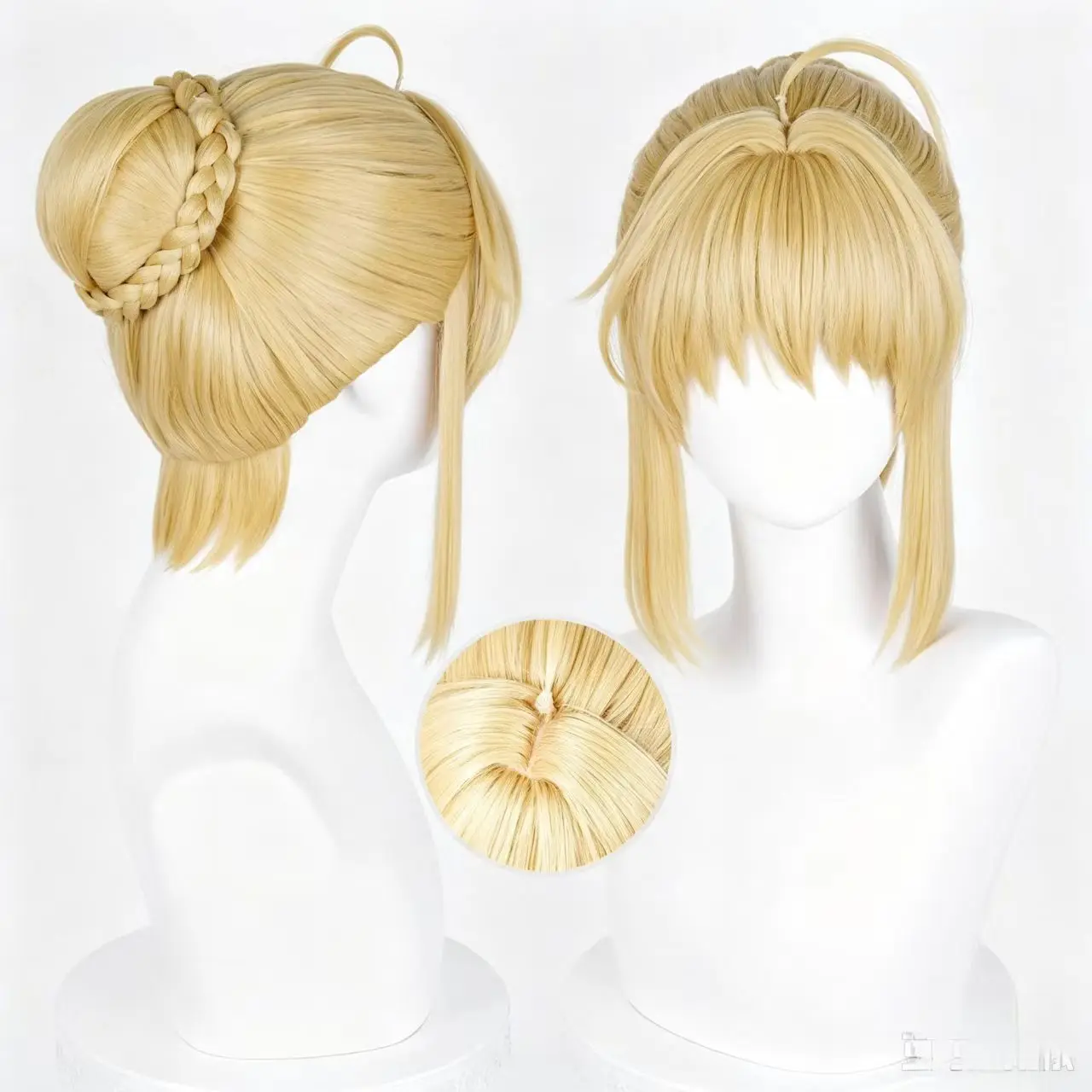 Fate/stay night Artoria Pendragon Saber Cosplay Wig Golden Braided Up‑do Wig Heat‑Resistant Synthetic Wig for Halloween Party