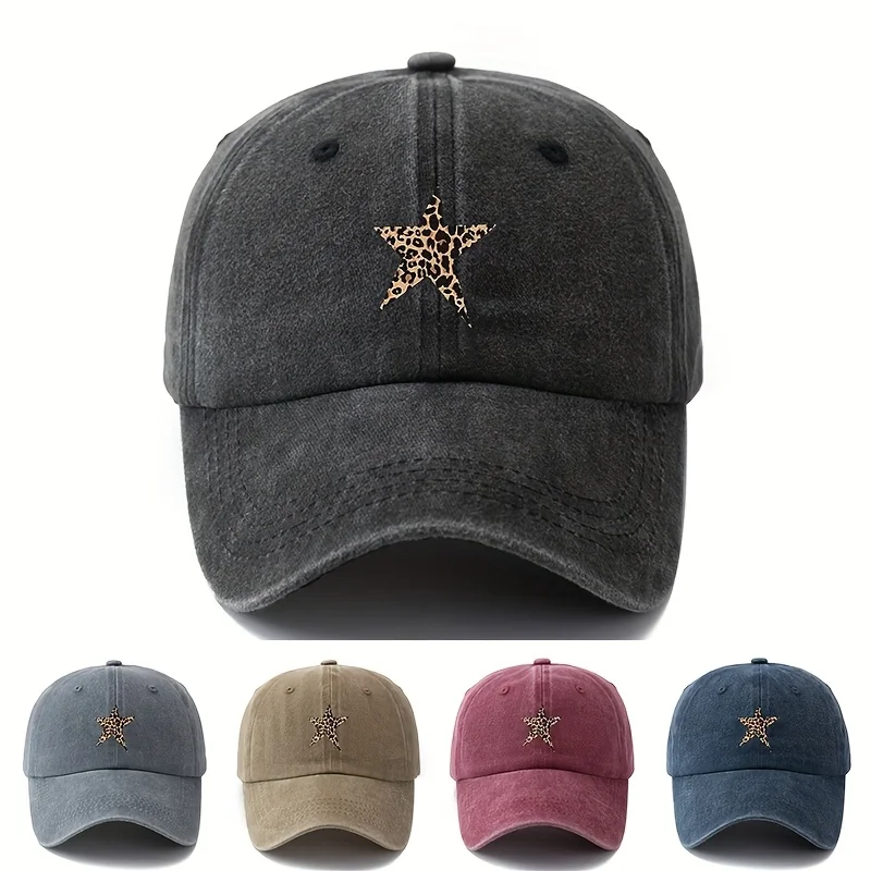 레오파드 프린트의 다섯개 별 디자인을 갖춘 남성과 여성을 위한 세련되고 다재다능한 야구 모자입니다. 클래식입니다