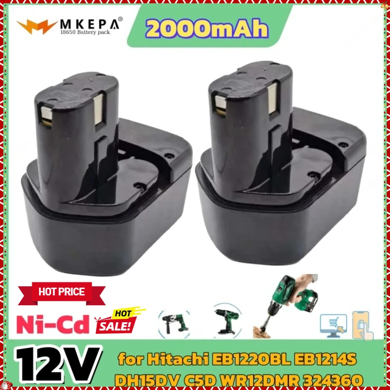 Batería de repuesto de 12V 2000mAh para Hitachi EB1220BL EB1214S DH15DV C5D WR12DMR 324360 Taladro inalámbrico Herramientas Hitachi Batería; 🧼