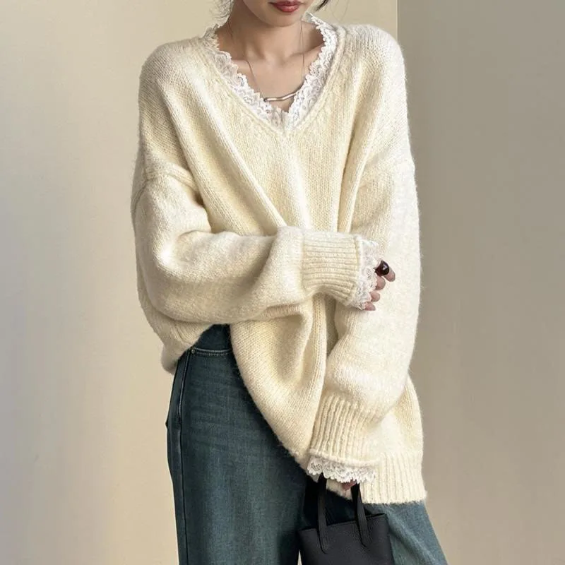Women's Patchwork Lace V-neck Sweaters Streetwear Y2K Vintage Loose Long Sleeve Knit Pullover Fall Winter Thick Warm Soft Jumper