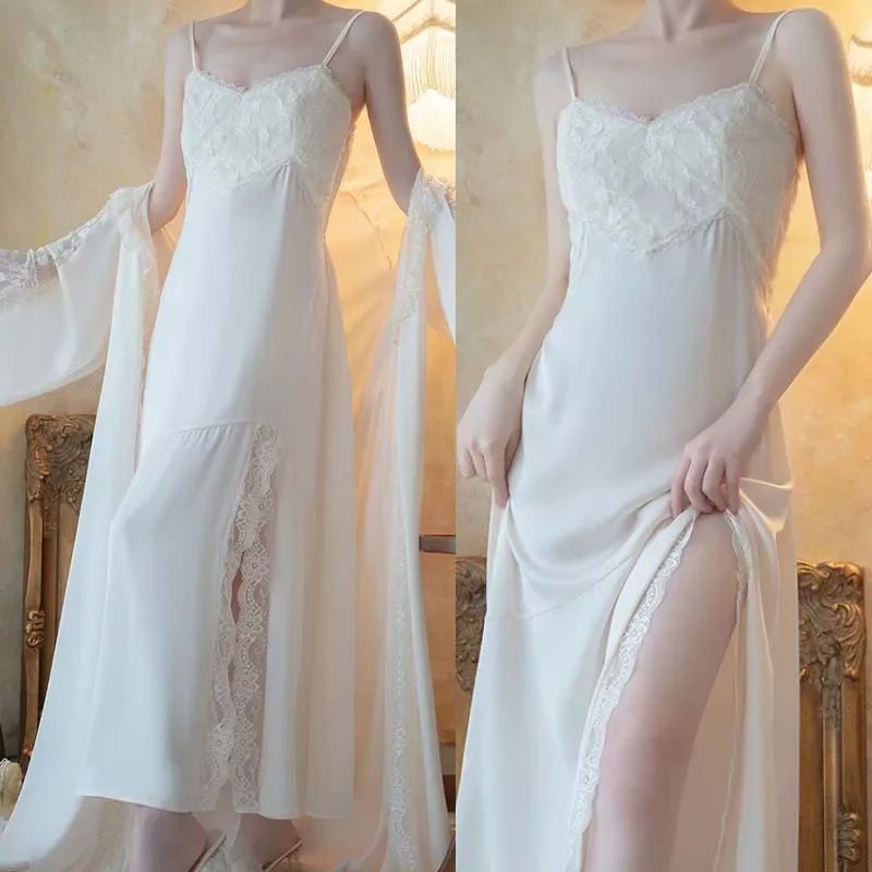 

Сексуальная лоскутная кружевная ночная рубашка, женский длинный комплект из 2 предметов, халат, платье принцессы в придворном стиле, ночная рубашка, атласная домашняя одежда