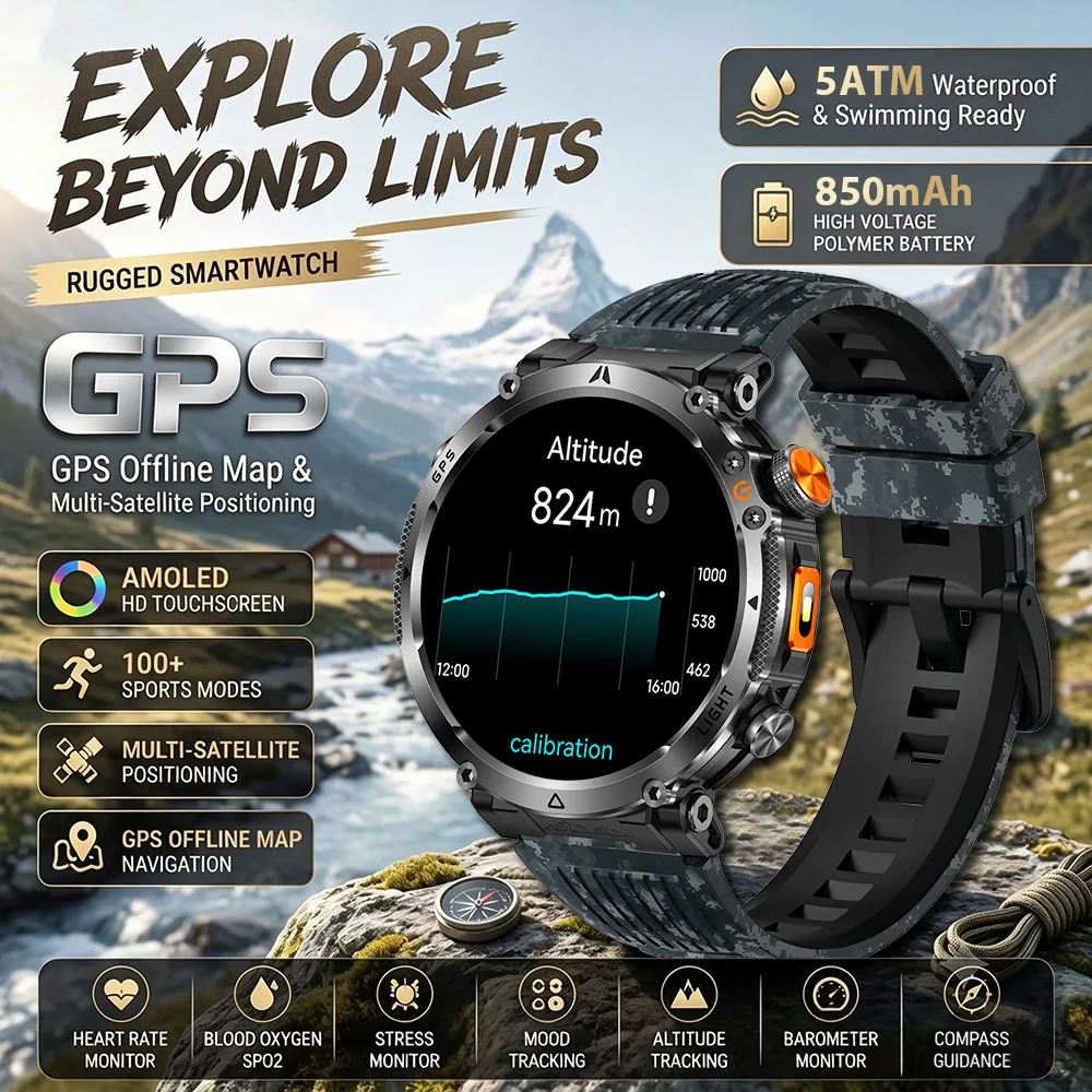 

2026 New Military Grade GPS Smartwatch Men Compass Offline Map 5ATM Waterproof Heart Rate Monitor Fitness Watch For Android iOS